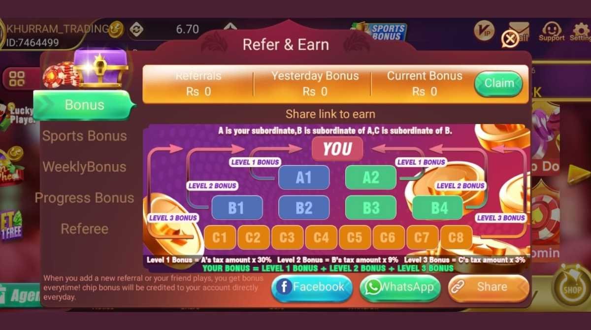 Teen Patti Gold app showing daily bonus rewards and login bonus screen