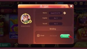 Teen Patti Gold profile settings showing the Bound button and Email option for account creation