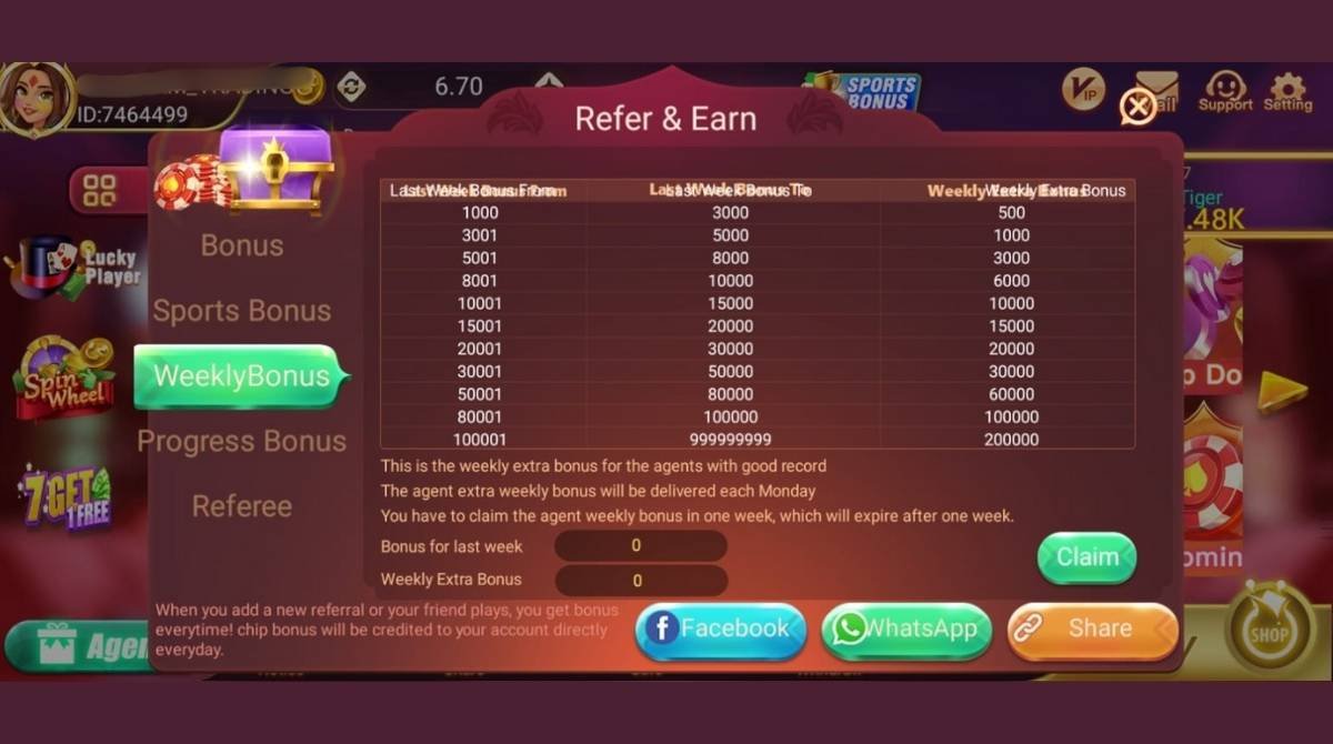 Teen Patti Gold app displaying weekly bonus rewards and special offers