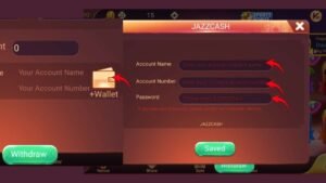 Teen Patti Gold withdrawal screen showing JazzCash and Easypaisa method selection with account details